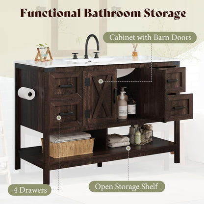 48 Inch Modern Farmhouse Bathroom Vanity with Barn Door Cabinet & 4-Drawer Storage - & Wood Tone Freestanding Sink Unit, Engineered Wood/MDF Suitable for Bathrooms