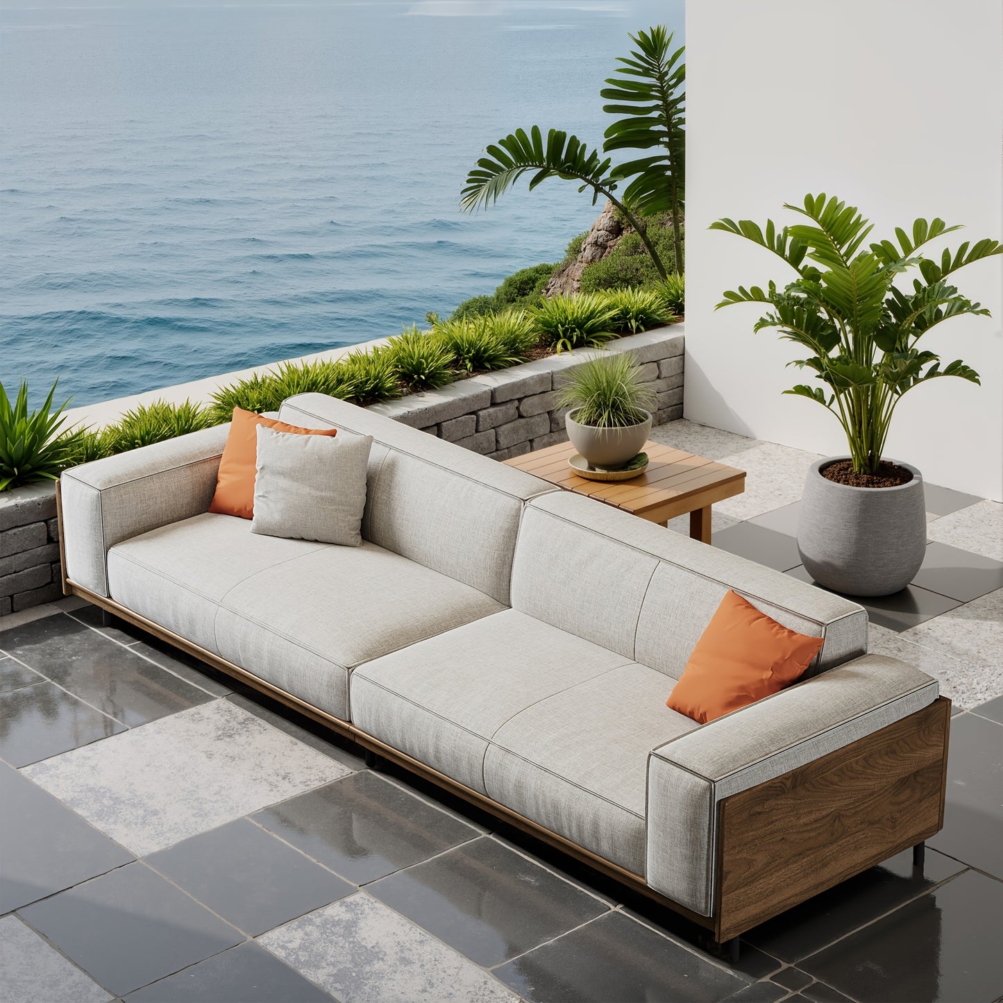 Modern Minimalist Outdoor Sofa, 111.81", Cushioned Linen Fabric, Metal Frame, For Garden And Patio