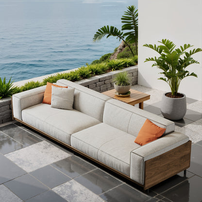 Modern Minimalist Outdoor Sofa, 111.81", Cushioned Linen Fabric, Metal Frame, For Garden And Patio