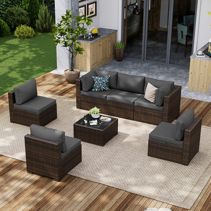 PATIOFIT 8/12/15pcs Outdoor Patio Furniture Set with 40in Fire Pit Table Wicker Rattan Sectional Sofa with Thick Cushions, Coffee Table & Waterproof Cover, Beige Cushions