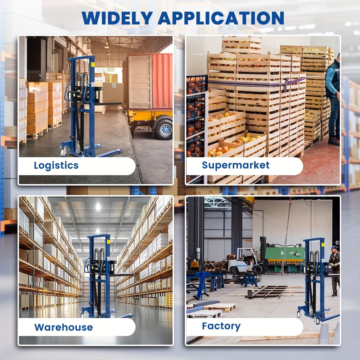 Industrial Heavy-Duty 2200lbs Manual Hydraulic Pallet Stacker | Adjustable Lift Height 3.78"-63" | Fixed Legs & Blue Metal Grid Design | Adjustable Forks For Open Bottom/Block Pallets