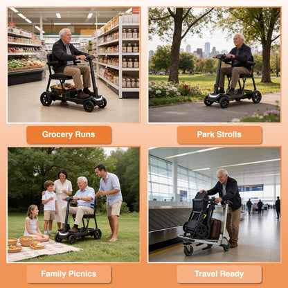 A Lightweight, Foldable Four-wheeled Electric Mobility Scooter Suitable For Seniors And Adults, Equipped With Dual Removable Batteries, Meeting Air Travel Standards, Offering A Long Range, And A Top Speed Of 5 Mph