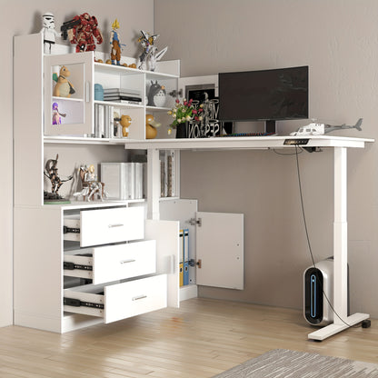 Electric Height Adjustable Computer Desk With 3 Drawers, 1 Cabinet & 2 Open Shelves, L-shaped Computer Desk With Glass Doors & Open Counter, Study Writing Table, For Office, White