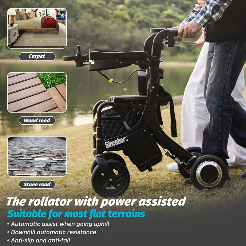 Sinceborn Electric Power Walker with Seat & Transport Wheelchair - Heavy-Duty, Heavy-Duty, Foldable Electric Mobility Aid with Power-Assisted Motion,