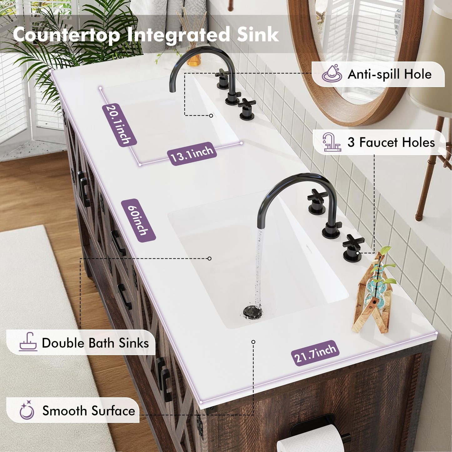 PAPAJET 60-inch Modern Farmhouse Double Sink Bathroom Vanity with Cabinets, Drawers & Open Shelf - /MDF Suitable for Family Bathrooms, Space-Saving, Ample Storage, Low-Maintenance for Resale Value