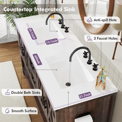 PAPAJET 60-inch Modern Farmhouse Double Sink Bathroom Vanity with Cabinets, Drawers & Open Shelf - /MDF Suitable for Family Bathrooms, Space-Saving, Ample Storage, Low-Maintenance for Resale Value