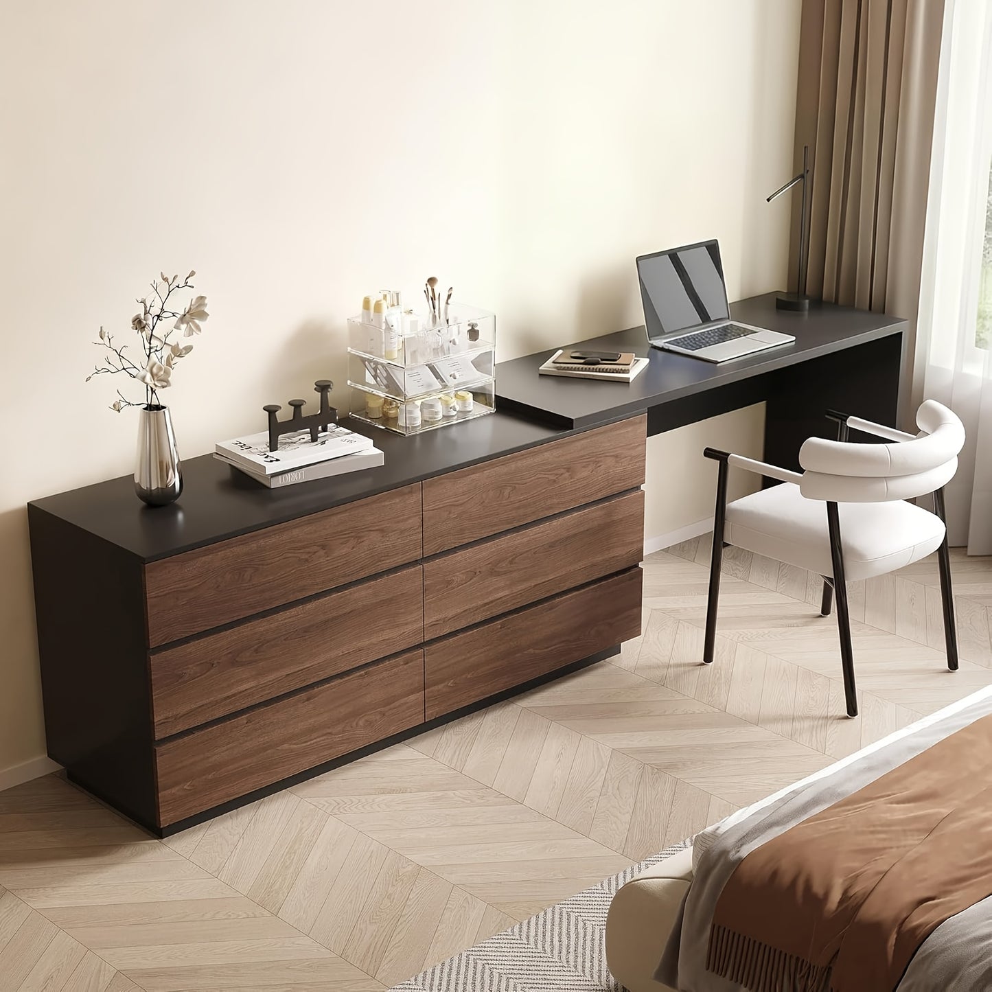 Modern Expandable Desk, 97.63-inch L-shaped Corner Computer Desk with 6 Drawers, Suitable for Home Office and Study Space, White and Khaki
