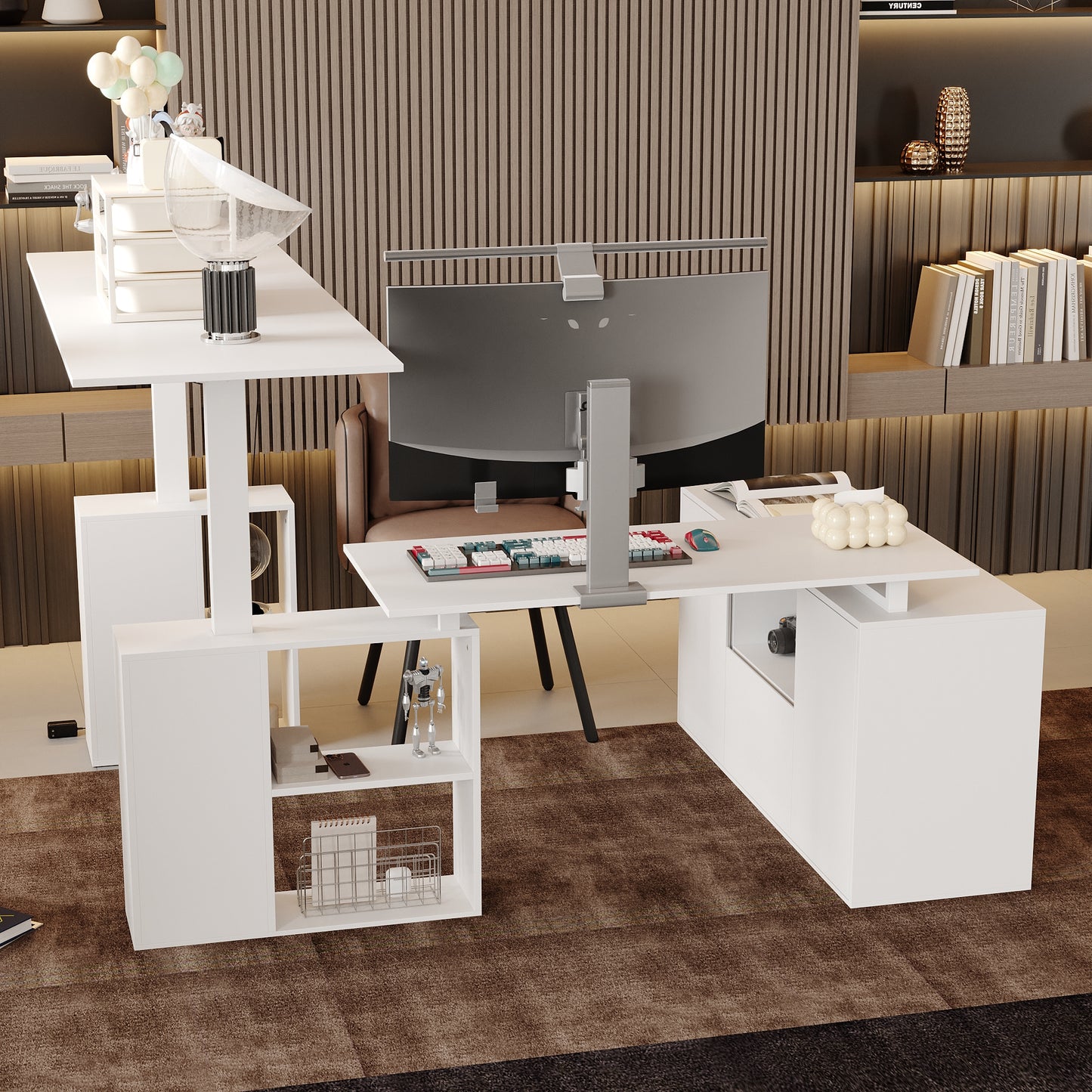 Electric Height Adjustable Standing Computer Desk With Open Storage Shelves, Adjustable Height Office Desk With With Drawer, Administrative Corner Desk, Modern Design, White