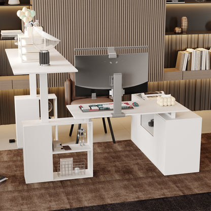 Electric Height Adjustable Standing Computer Desk With Open Storage Shelves, Adjustable Height Office Desk With With Drawer, Administrative Corner Desk, Modern Design, White