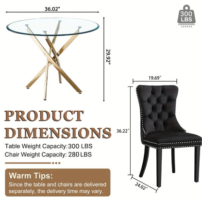 5pcs Modern Dining Table and Chair Set with Tempered Glass Table & Velvet Chairs - -Frame Base, Cushioned Seats Suitable for Kitchen, Dining Room, Small Spaces - Assembly, Contemporary Furniture (Table & 4 Chairs)