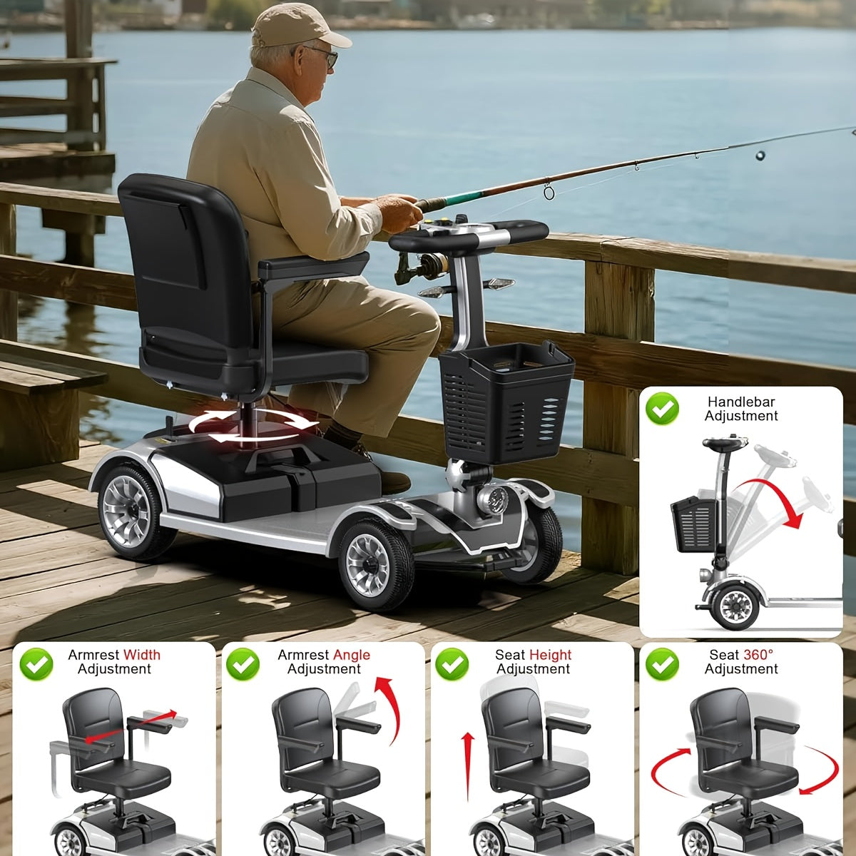 Foldable Four Wheel Mobility Scooter For Transporting Adults And Elderly, Electric Scooter With Removable Battery, 360° Swivel Seat, Front And Back Signal Lights, Tools Free Assemble, 8 Inch, 9 Inch Solid Tires Electric Mobility Aid