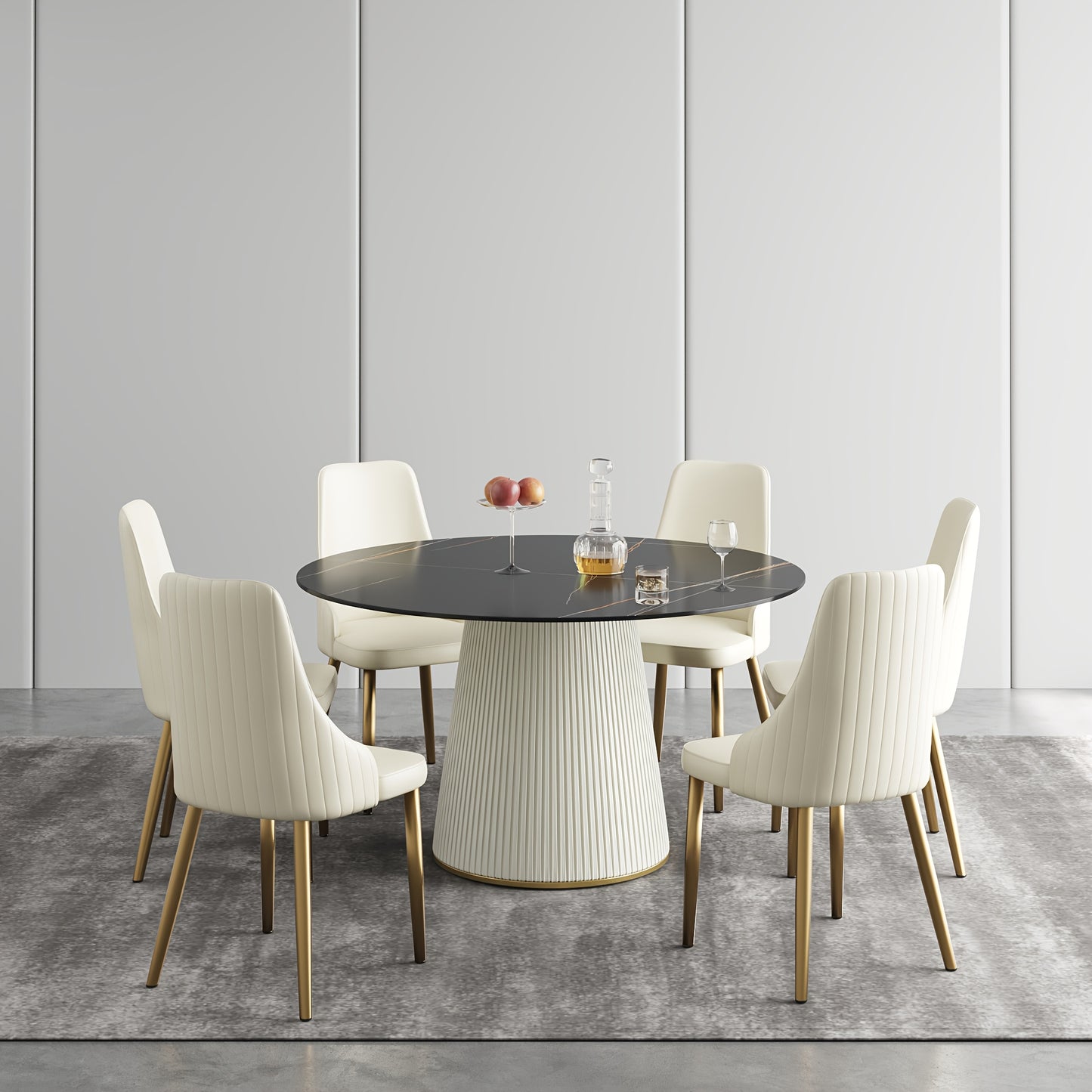 53" Circular Dining Table Suitable for 6-8 People (Table Only, Chairs Not Included), Perfect for Dining Rooms Or Kitchens, Featuring a Glossy Sintered Stone Top And a Beige Solid Wood Base, Ideal for Restaurants As Well