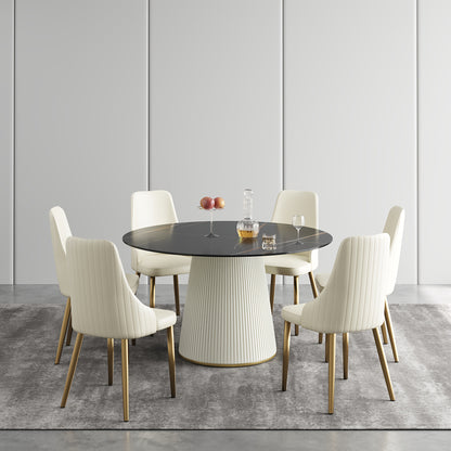 53" Circular Dining Table Suitable for 6-8 People (Table Only, Chairs Not Included), Perfect for Dining Rooms Or Kitchens, Featuring a Glossy Sintered Stone Top And a Beige Solid Wood Base, Ideal for Restaurants As Well