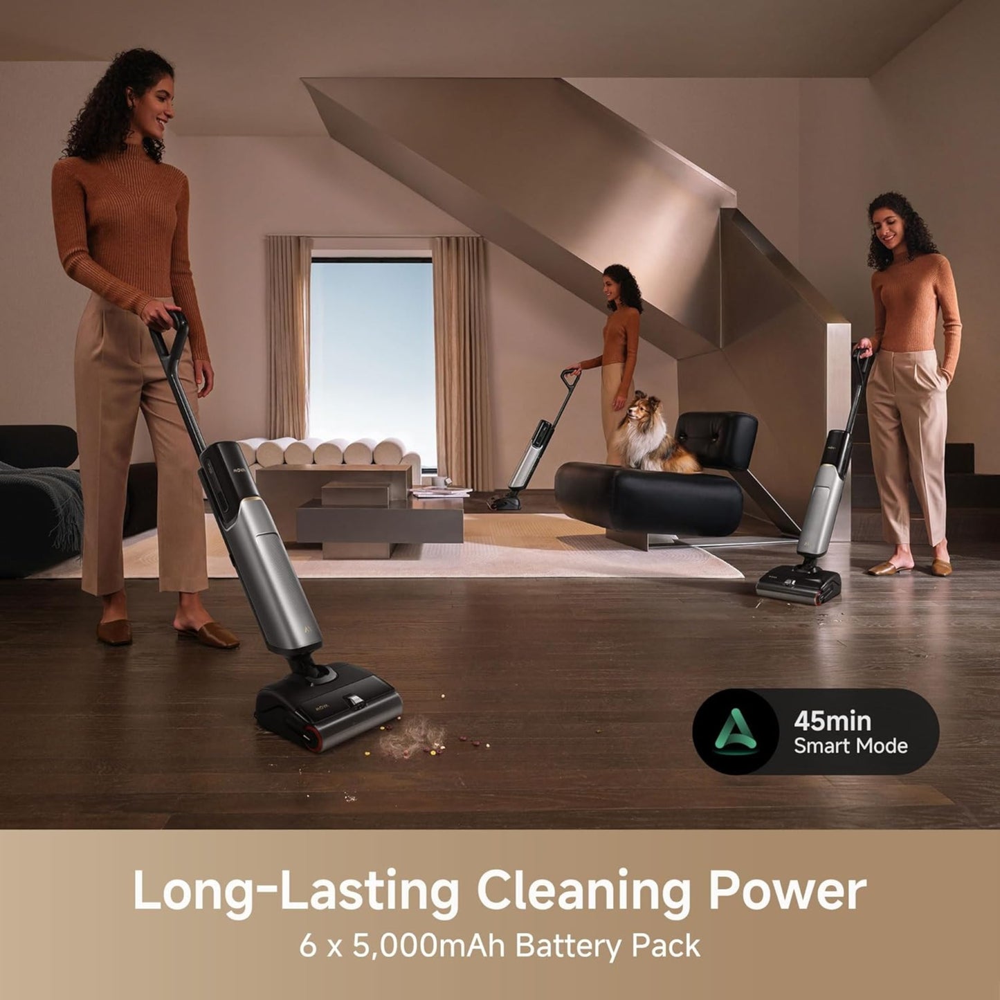 Plus Additional Cleaning Solution Smart Wet Dry Vacuum Cleaner Set, 20000Pa Cordless Vacuum Mop Featuring Zero Tangle, Hot Water Mopping for Tough Stains, 194F Hot Air Self-Drying, 180° Flat Laying, Push-In Charging Dock, LED Screen