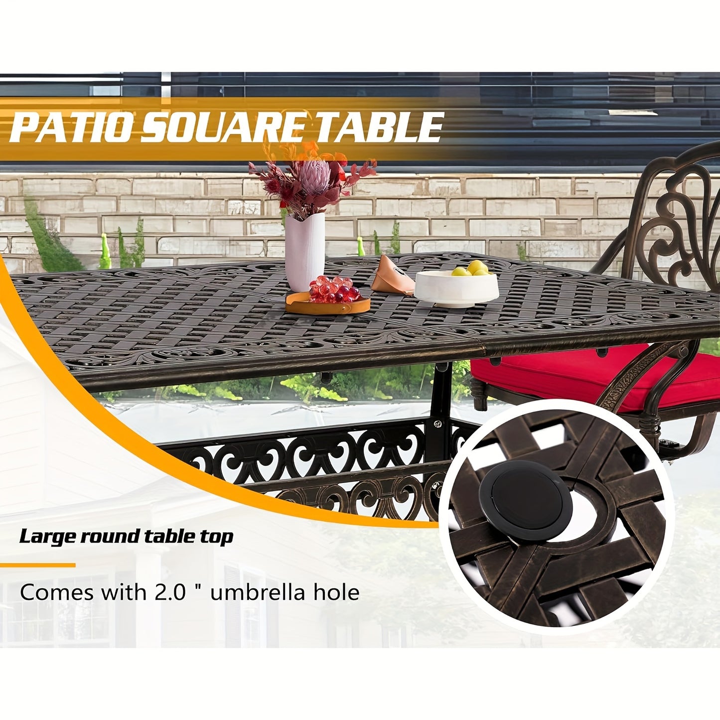 7pcs Heavy-Duty Cast Aluminum Patio Dining Set with Cast-Top Table & Chairs, Red Cushioned Seats & Backs - All-Weather Outdoor Furniture for Backyard, Porch, Poolside - Durable Metal Construction, Elegant Design for Family Gatherings & Entertaining