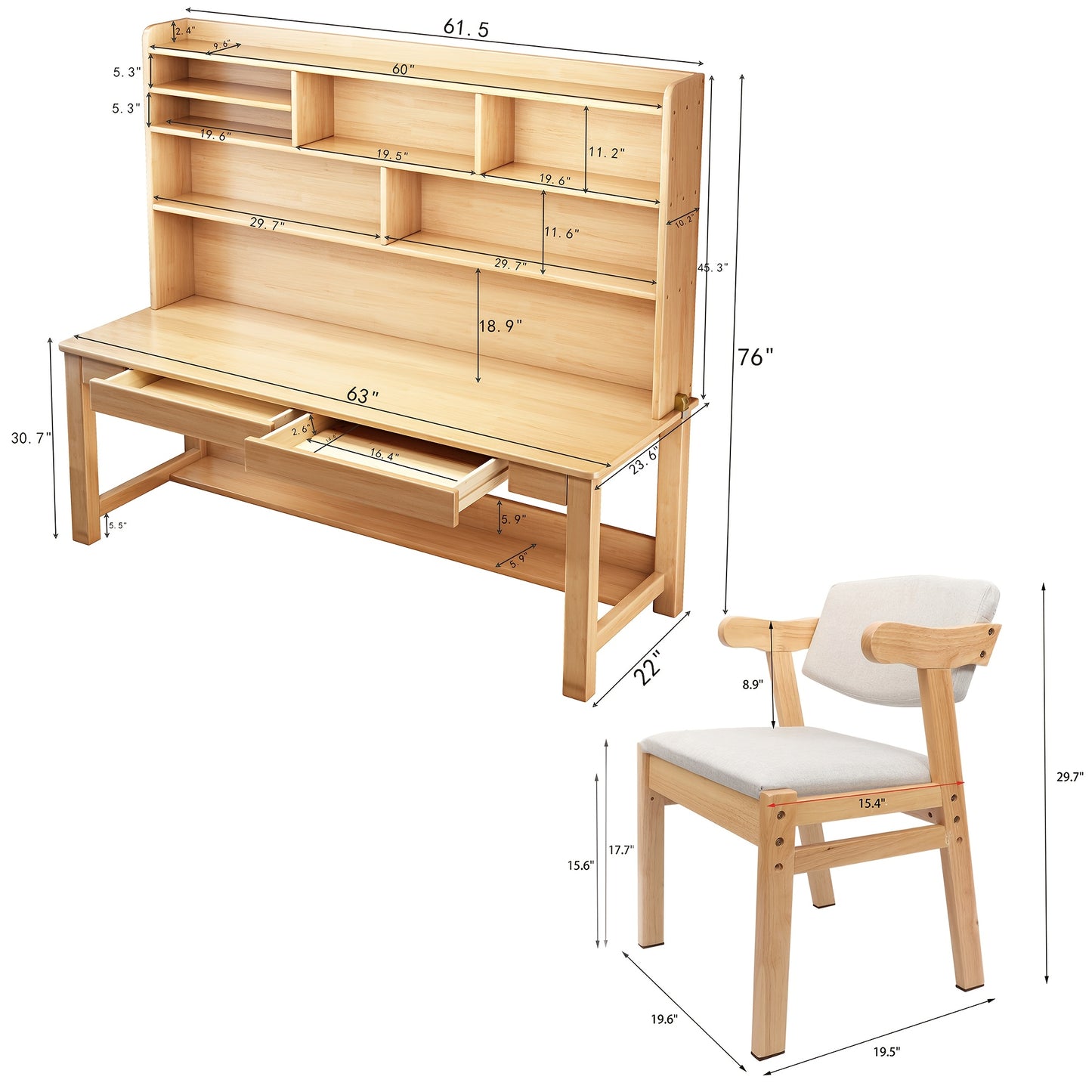 63" Modern Solid Wood Desk with Built-In Bookshelf & 2 Chairs - Space-Saving Writing Desk/Shelf Combo Suitable for Small Apartments, Dorm Rooms - Study Desk, Assembly