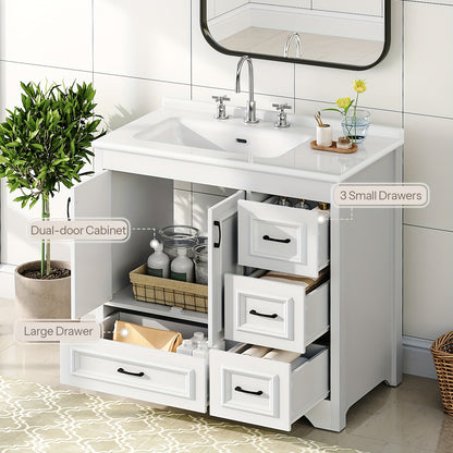 White Bathroom Vanity with Sink, Modern Storage Cabinet with Ceramic Countertop, Drawers And Cabinet, Arc Bottom Design And Metal Glides, Drain Kit Not Included, for Bathroom