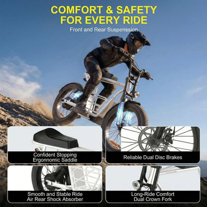 Off-Road Electric Scooter with a Seat, 500W Motor, 20-Inch All-Terrain Tires, a Top Speed of 20 Miles Per Hour, a Range of 30 Miles, a 48V 10.4Ah High-Capacity Battery, a Commuting Electric Scooter Equipped with an LCD Display And Dual Disc Brakes