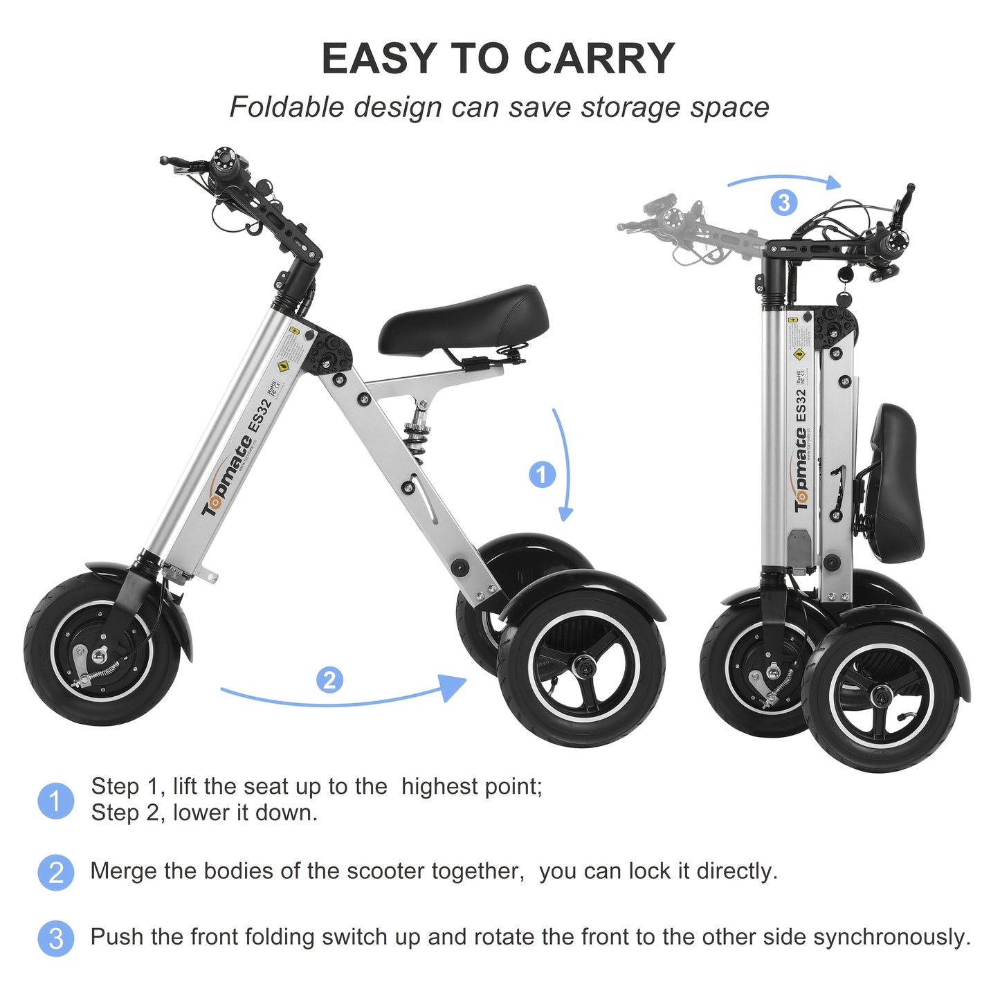 Compact Electric Trike for Grown-Ups, 3-Wheeled Mobility Scooter Featuring a Seat And Reverse Function, 10-Inch Air Tires, Lightweight Vehicle for Outdoor Adventures