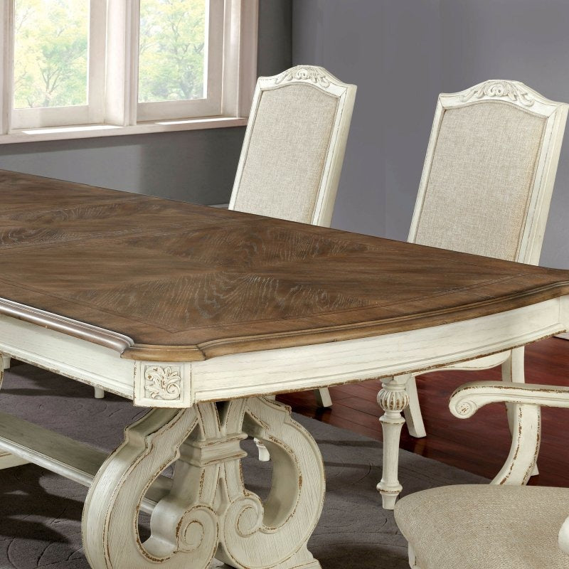 Antique White Dining Room 9pcs Set Table W/ Leaf And 6X Side Chairs 2X Arm Chairs Ivory Fabric Upholstered Seat