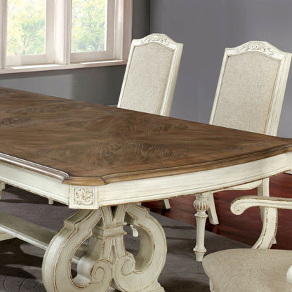Antique White Dining Room 9pcs Set Table W/ Leaf And 6X Side Chairs 2X Arm Chairs Ivory Fabric Upholstered Seat