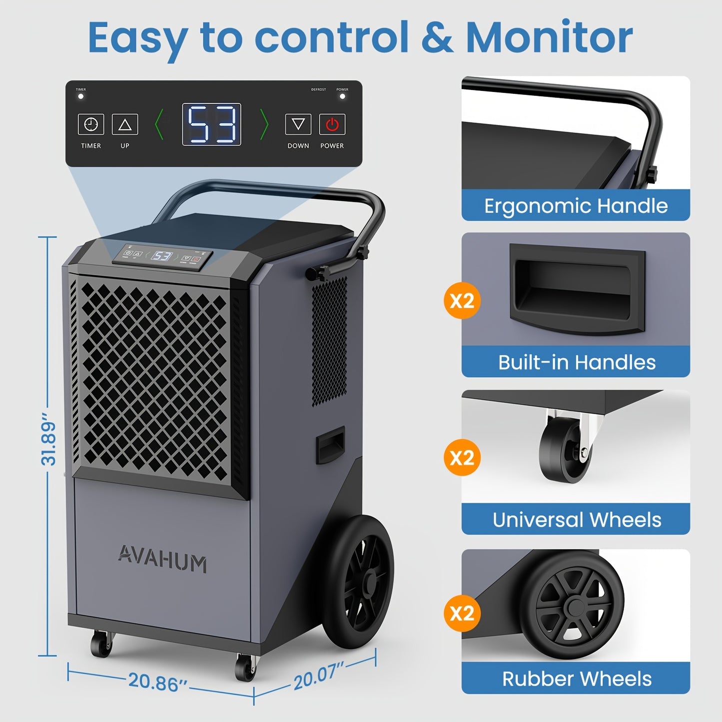 AVAHUM 320 Pints Commercial Dehumidifier with Drain Hose for Basements, Coverage Area 9000 Sq.Ft