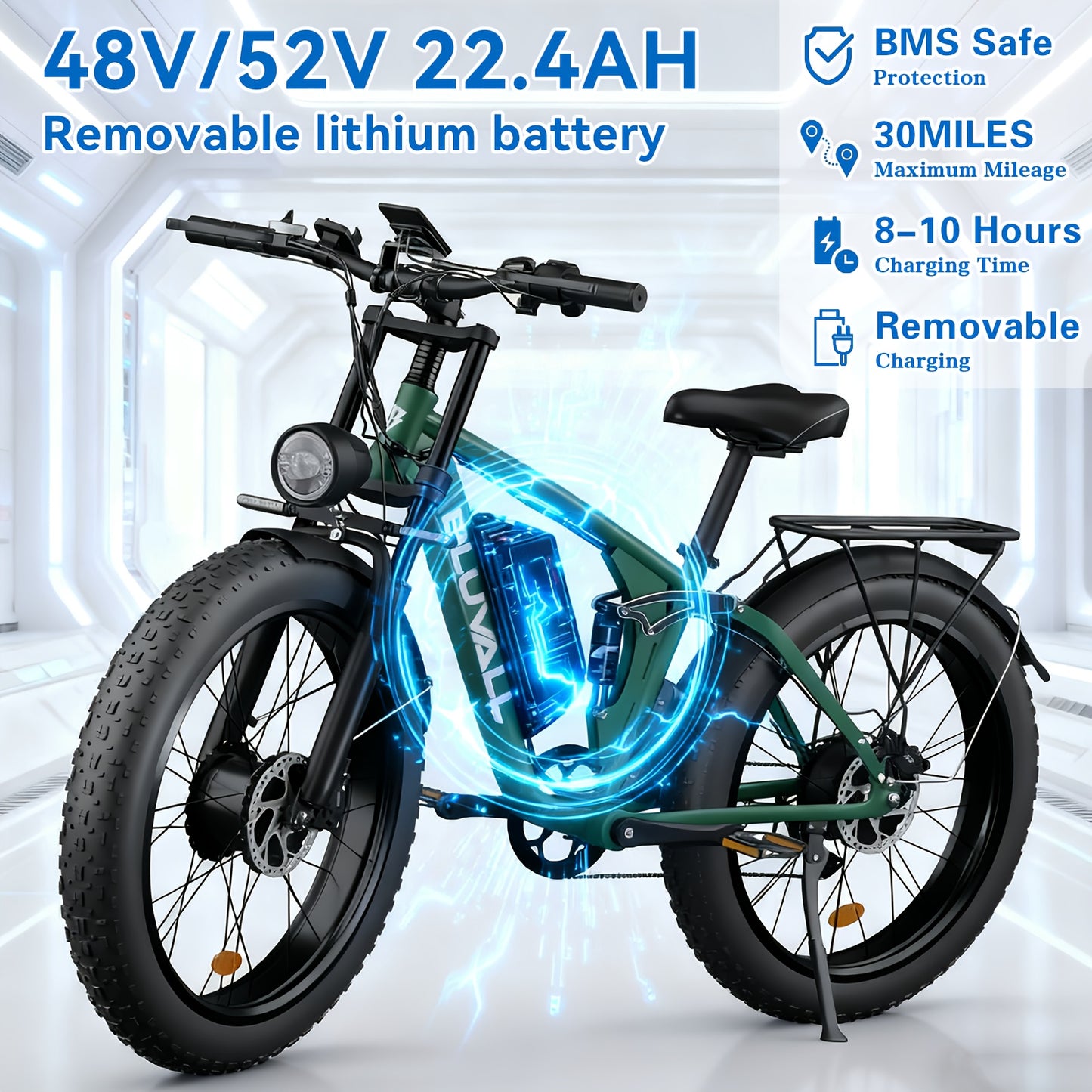 Bluvall 740W Adult Electric Bike with Dual Motor 80NM Torque & 48V/52V 22.4AH Removable Battery - 26" All-Terrain Tire Mountain Bike, 30-Mile Range, 7-Speed, Front/Rear Motor, 15-20MPH Speed, 300lb Capacity, 40-Mile Range, Disc Brakes & Susp