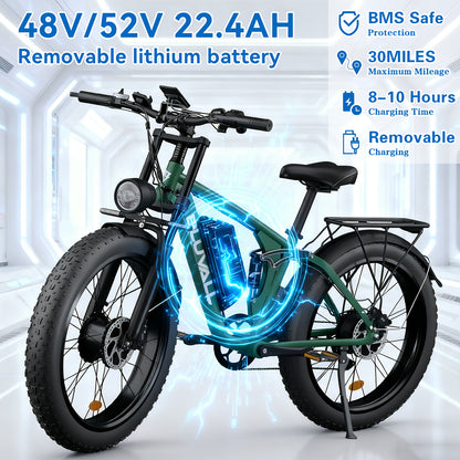Bluvall 740W Adult Electric Bike with Dual Motor 80NM Torque & 48V/52V 22.4AH Removable Battery - 26" All-Terrain Tire Mountain Bike, 30-Mile Range, 7-Speed, Front/Rear Motor, 15-20MPH Speed, 300lb Capacity, 40-Mile Range, Disc Brakes & Susp