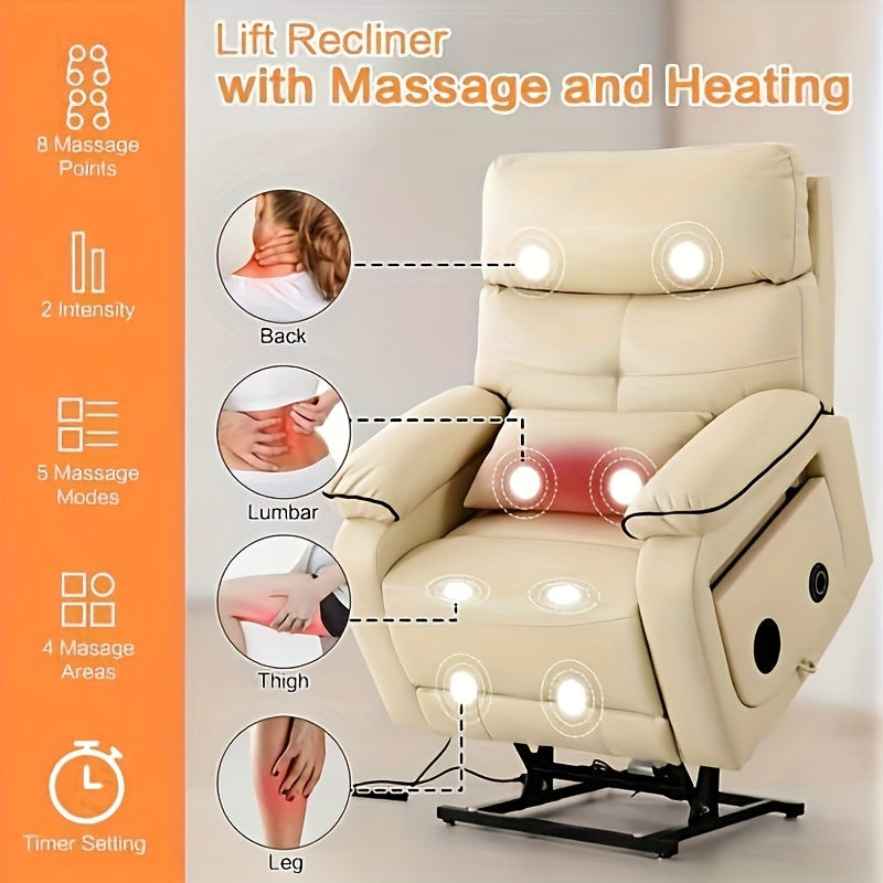Infinite Position Electric Lift Recliner with Wireless Charger and Cup Holder, Vibration Massage and Heating, Genuine Faux Leather, Beige, Brown Silvery Gray Color Optional