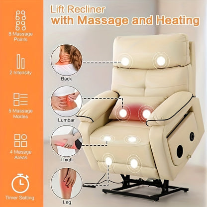 Infinite Position Electric Lift Recliner with Wireless Charger and Cup Holder, Vibration Massage and Heating, Genuine Faux Leather, Beige, Brown Silvery Gray Color Optional