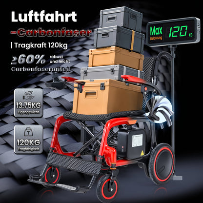 Foldable Carbon Fiber Electric Wheelchair Weighs 30.31 LB, Has a Maximum Load of 264.55 LB, And Comes with a 24AH Battery (2*12), with a Range of 48 Km. It Comes with a Backpack, Dust Cover, And a Double-Layer Thickened Anti-Bedsore Cushion