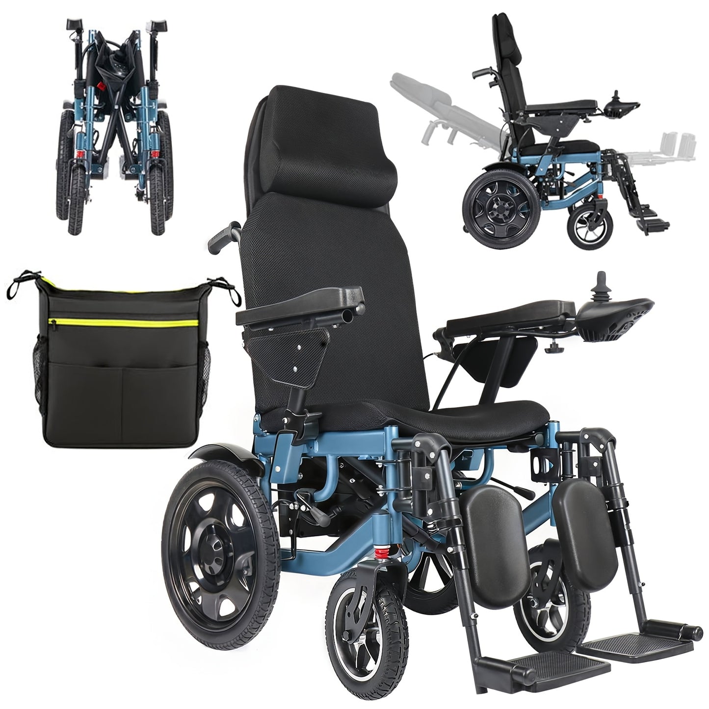 Full-Reclining Carbon Steel Frame Heavy-Duty Electric Wheelchair, Adults Elderly Foldable Power Mobility Chair, N.W. 75 Lbs, Manual Adjustment for Backrest & Leg Supports, 12Ah Lithium Battery with 9.3-Mile Range, 264 Lbs Max Load, Large Storage Bag