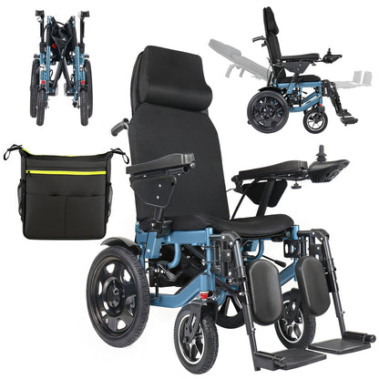 Full-Reclining Carbon Steel Frame Heavy-Duty Electric Wheelchair, Adults Elderly Foldable Power Mobility Chair, N.W. 75 Lbs, Manual Adjustment for Backrest & Leg Supports, 12Ah Lithium Battery with 9.3-Mile Range, 264 Lbs Max Load, Large Storage Bag