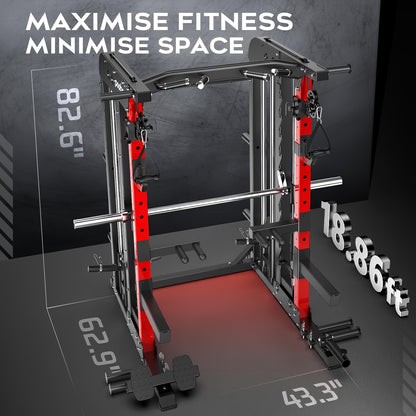 HASIMAN Multi-Functional Power Rack Cage with 2000 Pounds Capacity, LAT Pull Down J-Hooks, Dip Bars, T-Bar, Cable Handles And Other Attachments, Home Gym Exercise Machine, Comprehensive Workout Equipment