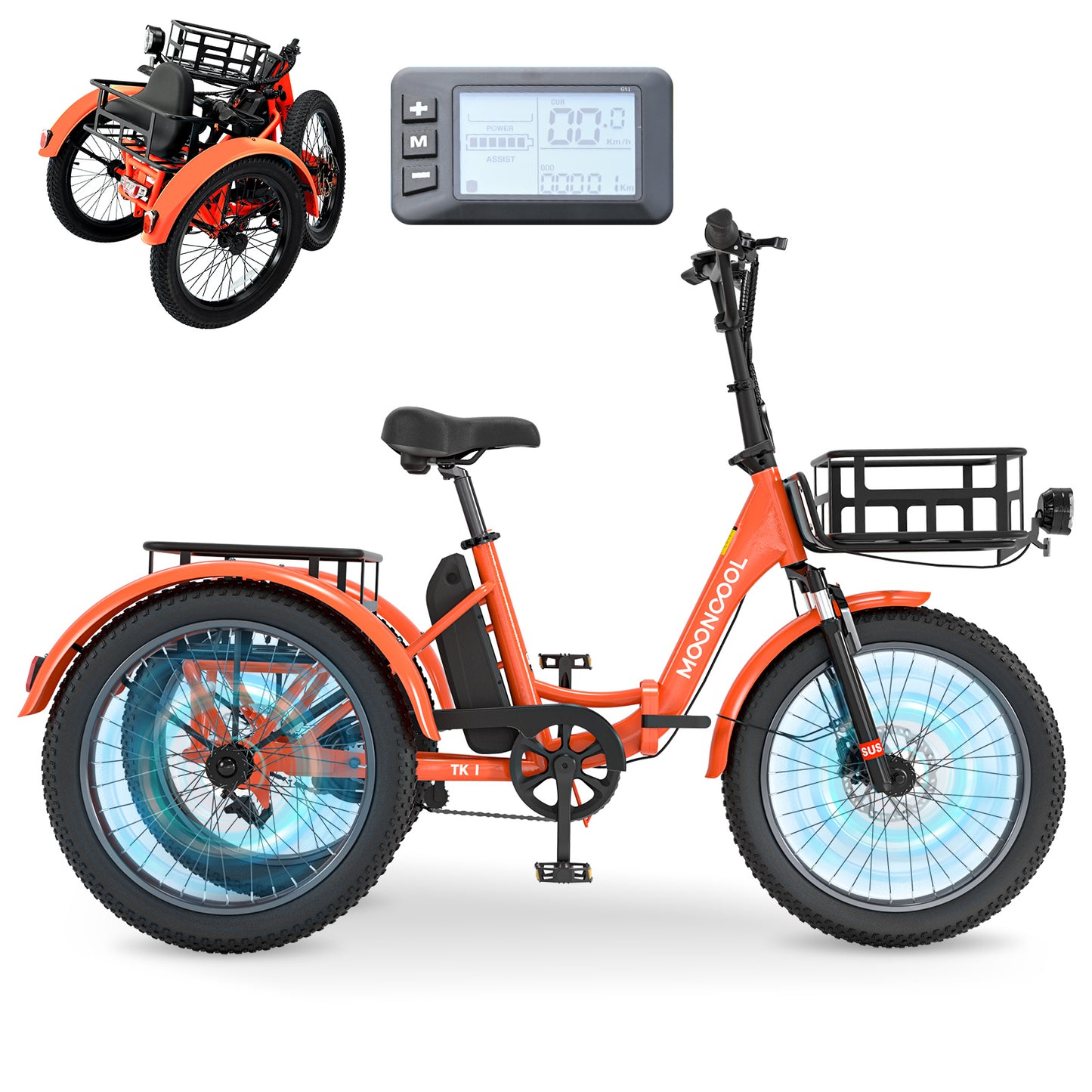 20" Fat Tire Adult Foldable Electric Trike, 500W 48V Electric Trike Motorized 3 Wheel Electric Bicycle,1 Speed Foldable Removable Battery，Home, Travel, Off-Road