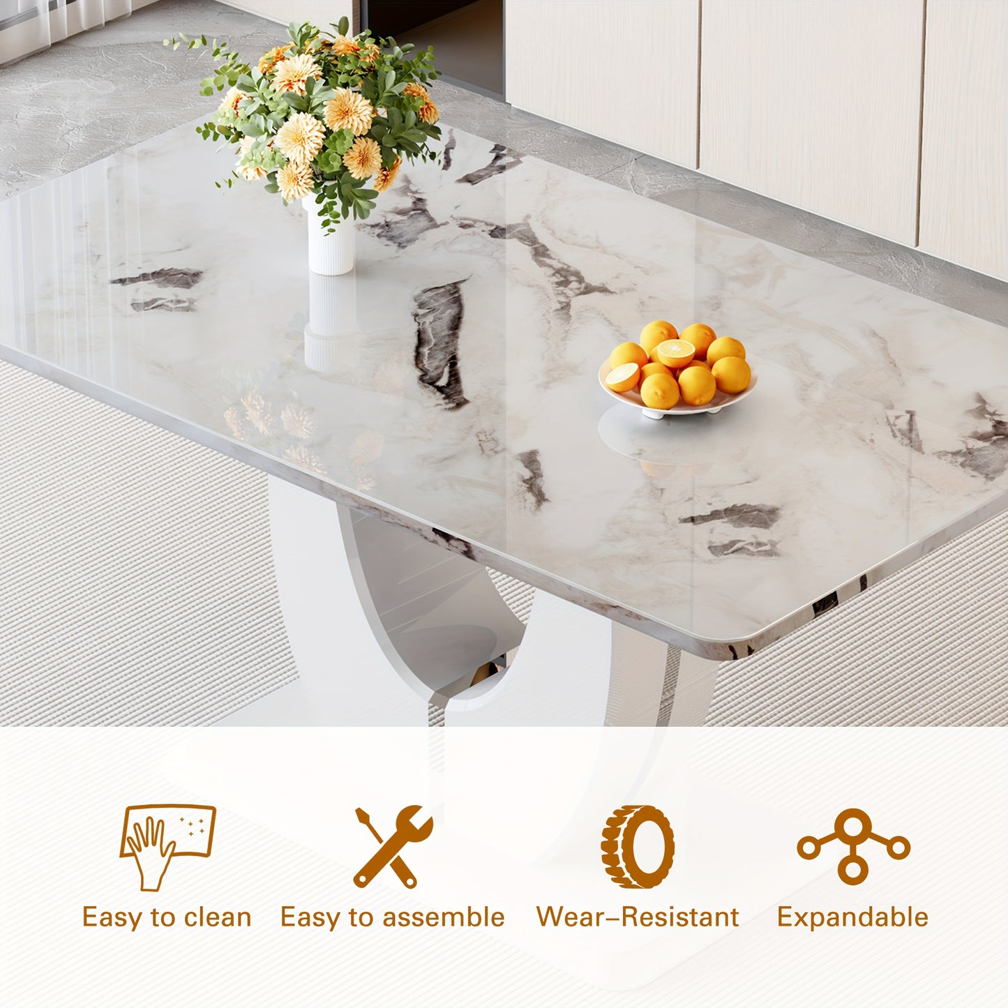 63" Modern Large Luxury Dining Table Set for 6, Kitchen Faux Marble Table Chairs Set Of 6, 63" Rectangle Kitchen Table And 6 PU Leather Upholstered Chairs for Kitchen, Dining Room, Living Room.Easy to Install, Local Warehouse