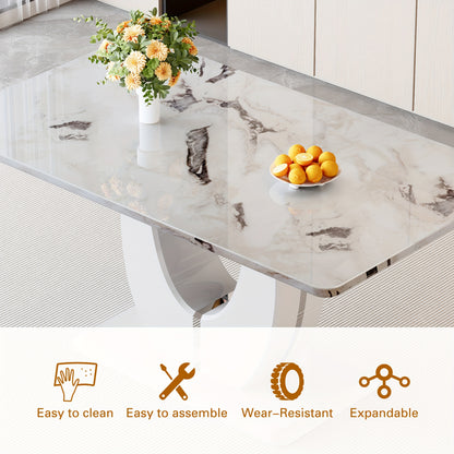 63" Modern Large Luxury Dining Table Set for 6, Kitchen Faux Marble Table Chairs Set Of 6, 63" Rectangle Kitchen Table And 6 PU Leather Upholstered Chairs for Kitchen, Dining Room, Living Room.Easy to Install, Local Warehouse