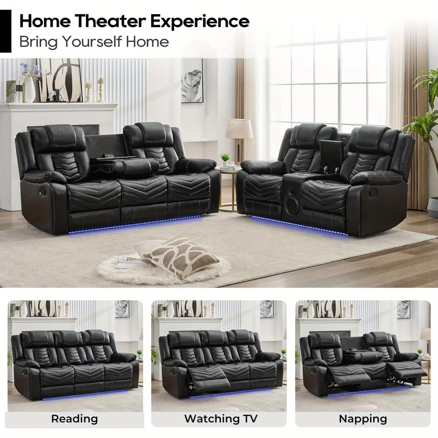 Manual Recliner Sofa Set with Wireless Charger for Living Room, Faux Leather 3 Seater Reclining Sofa and Loveseat Seating Couch with Bass Speakers, LED Lights.
