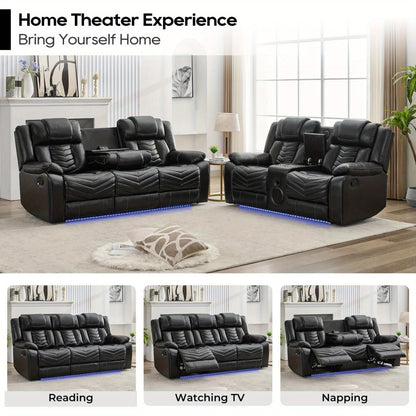 Manual Recliner Sofa Set with Wireless Charger for Living Room, Faux Leather 3 Seater Reclining Sofa and Loveseat Seating Couch with Bass Speakers, LED Lights.