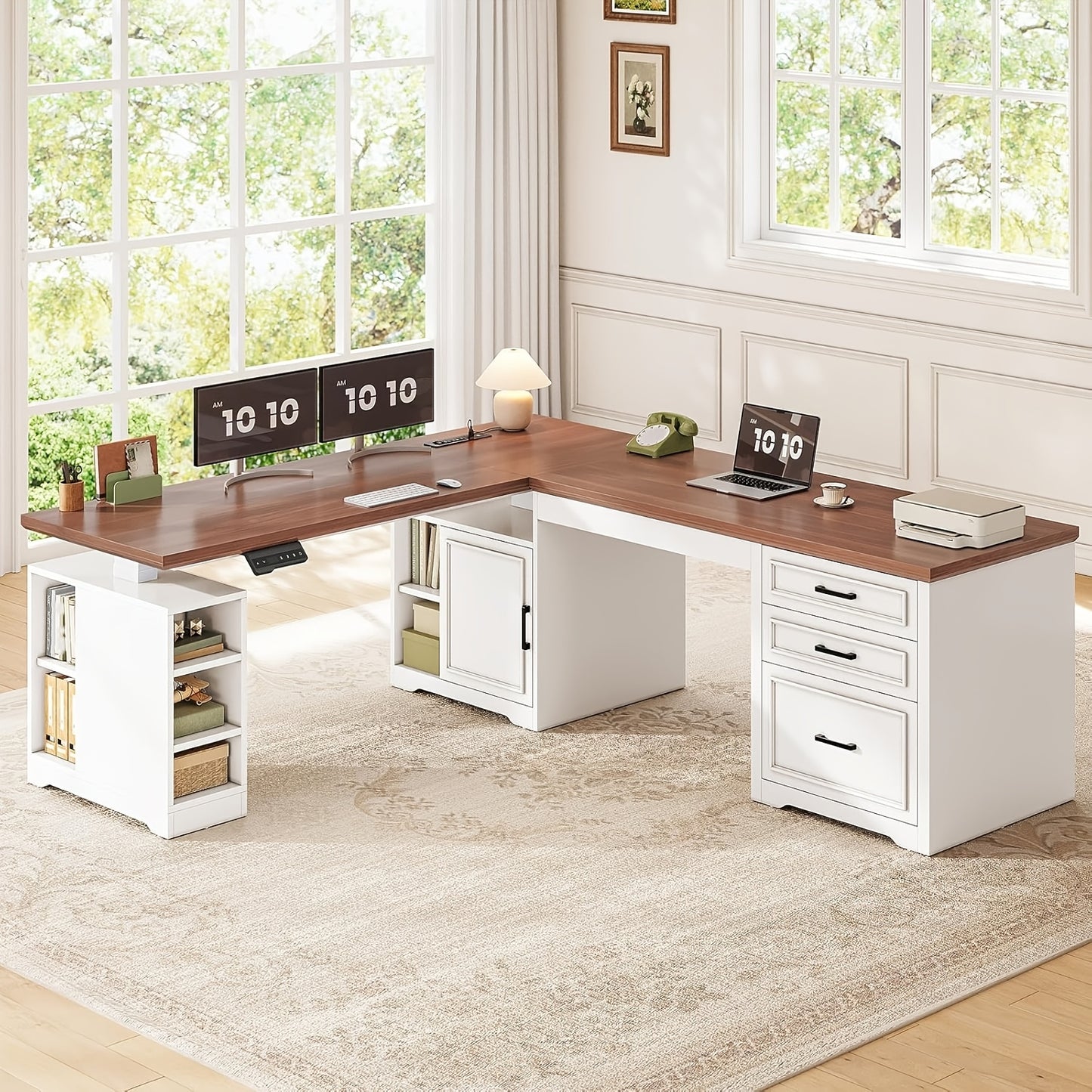 Farmhouse L Shaped Electric Standing Desk | 63" x 67" Height Adjustable, Metal, 3 Drawers and Shelves, Freestanding, Plug Powered