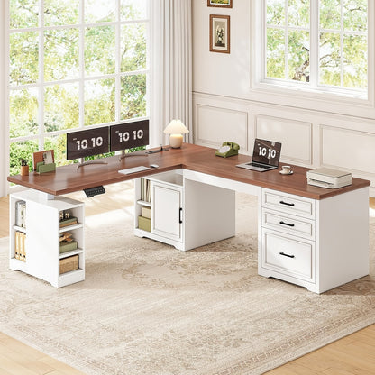 Farmhouse L Shaped Electric Standing Desk | 63" x 67" Height Adjustable, Metal, 3 Drawers and Shelves, Freestanding, Plug Powered