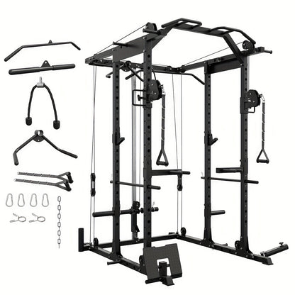 8-in-1 Power Rack Cage With 1500lb Capacity & Cable Crossover Machine - Multi-Function Squat Rack With J-Hooks, Dip Bars, And Landmine - Comprehensive Plate-Loaded Home Gym Equipment (Red)