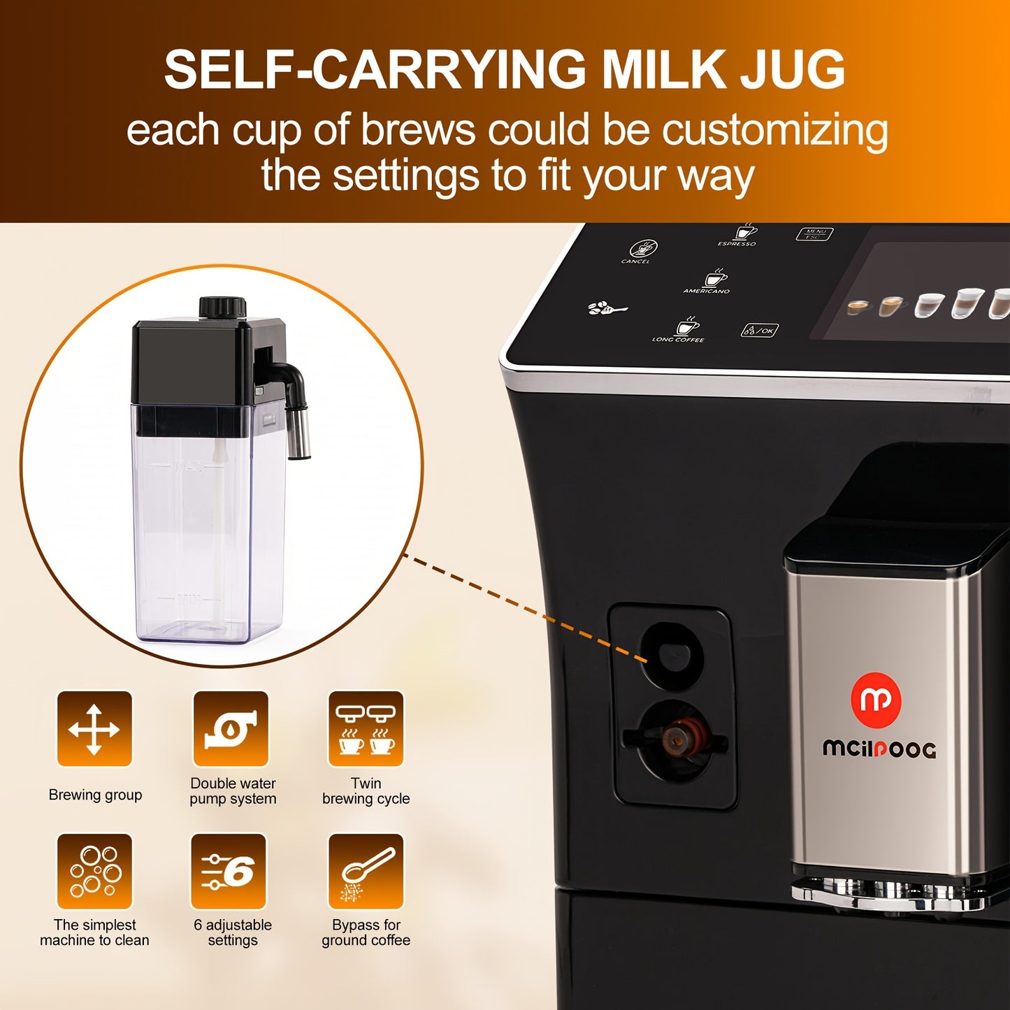 Mcilpoog Super Automatic Espresso Coffee Machine, Fully Automatic Espresso Machine With Grinder, Easy To Use Touch Screen Coffee Maker With Milk Frother.