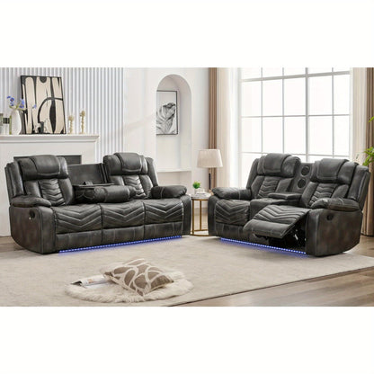 Manual Recliner Sofa Set with Wireless Charger for Living Room, Faux Leather 3 Seater Reclining Sofa and Loveseat Seating Couch with Bass Speakers, LED Lights.
