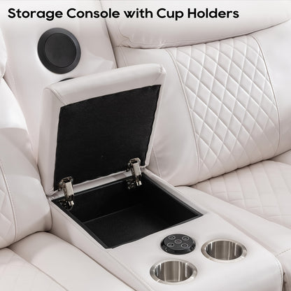 Home Theater Seating, Faux Leather Power Reclining Sofa Set with LED Lights, Bass Speakers, Cup Holders & Drop Down Table for Living Room, Media Room
