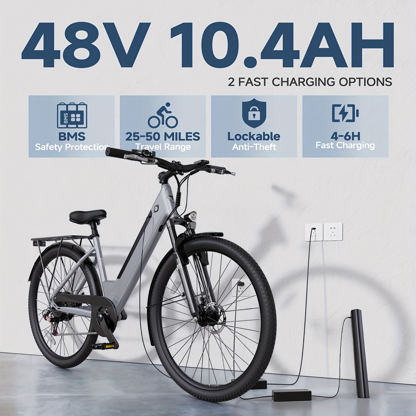 350W Electric Urban Bicycle, Adult Shopping E-Bike Featuring a 48V 10.4AH Detachable Battery, Step-Through Design Ideal for Skirts, Pants, Or Carrying Bags. The Perfect Commuter Option, Thoughtful Gifts for Both Seniors And Young Adults