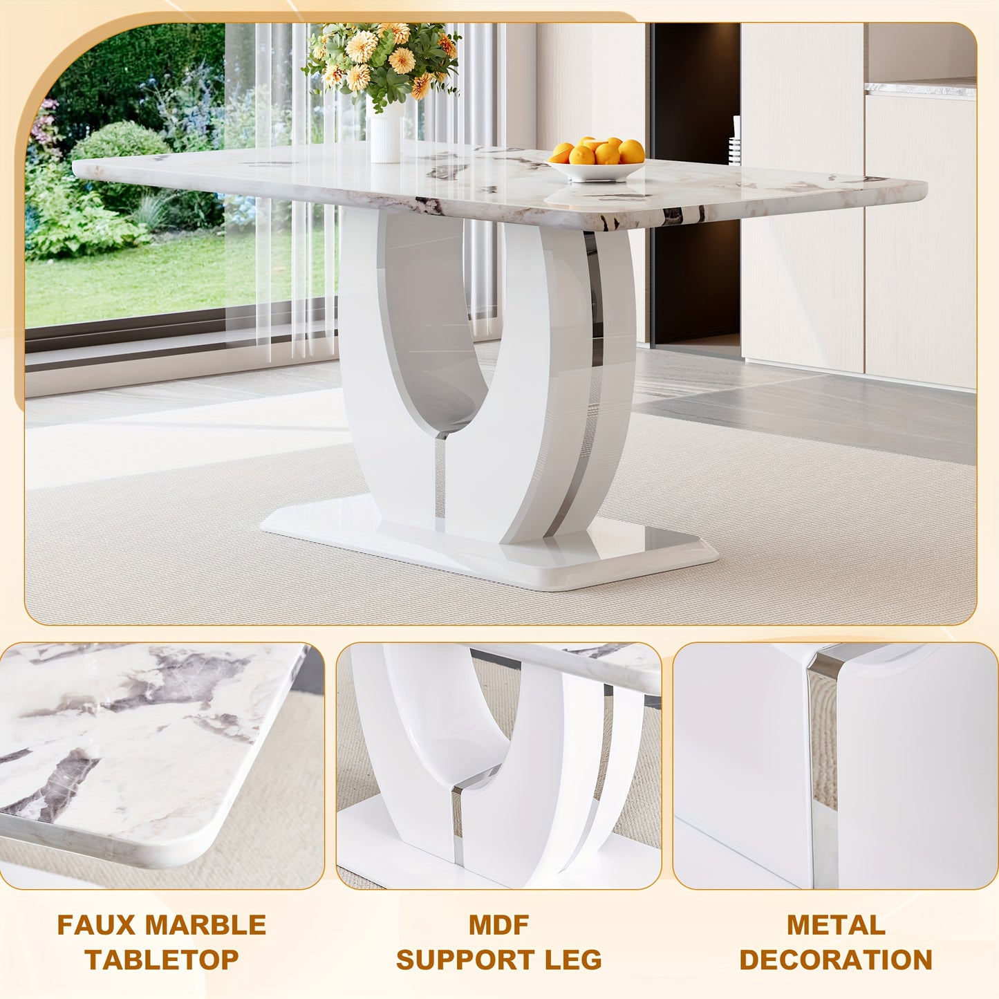 63" Modern Large Luxury Dining Table Set for 6, Kitchen Faux Marble Table Chairs Set Of 6, 63" Rectangle Kitchen Table And 6 PU Leather Upholstered Chairs for Kitchen, Dining Room, Living Room.Easy to Install, Local Warehouse