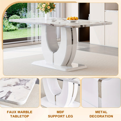63" Modern Large Luxury Dining Table Set for 6, Kitchen Faux Marble Table Chairs Set Of 6, 63" Rectangle Kitchen Table And 6 PU Leather Upholstered Chairs for Kitchen, Dining Room, Living Room.Easy to Install, Local Warehouse