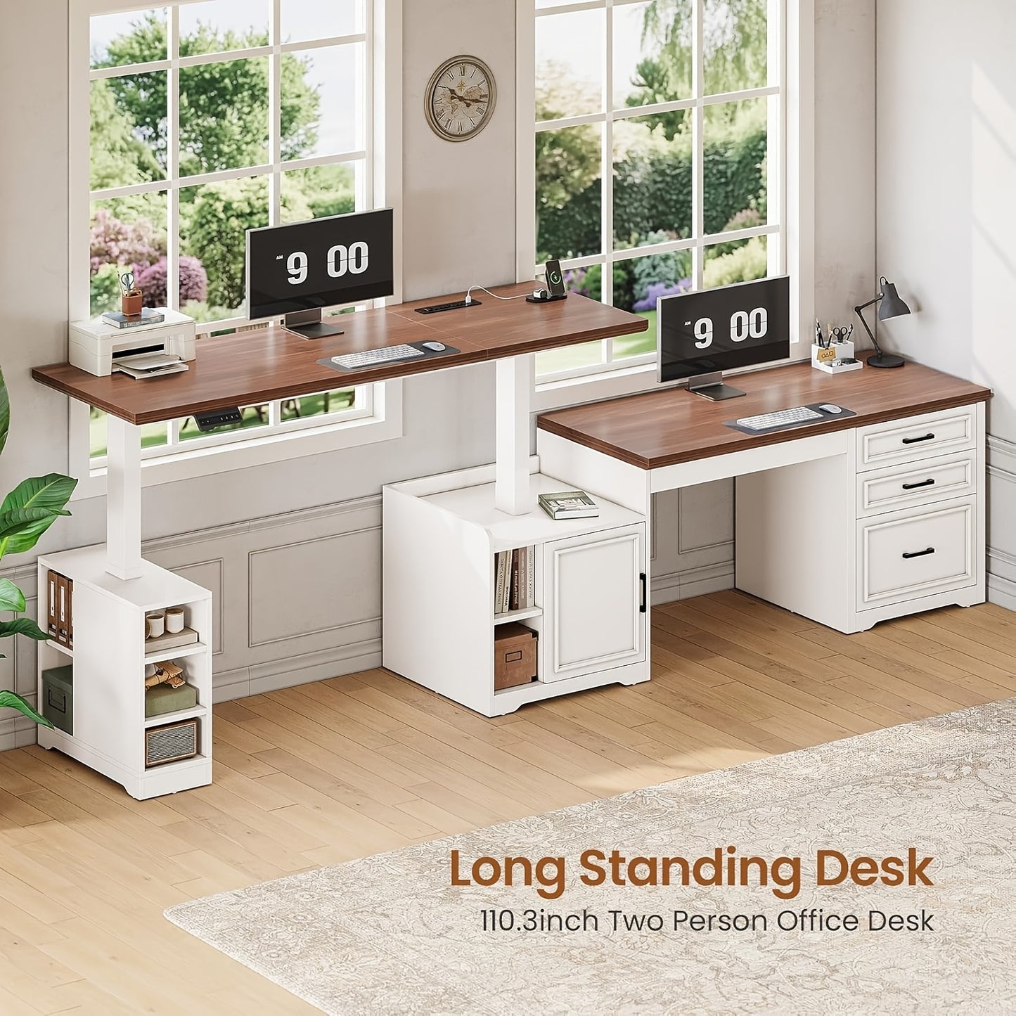 Farmhouse L Shaped Electric Standing Desk | 63" x 67" Height Adjustable, Metal, 3 Drawers and Shelves, Freestanding, Plug Powered