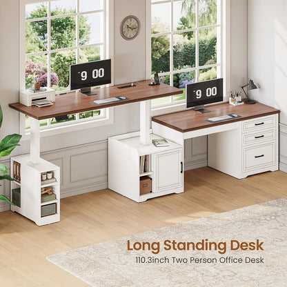Farmhouse L Shaped Electric Standing Desk | 63" x 67" Height Adjustable, Metal, 3 Drawers and Shelves, Freestanding, Plug Powered